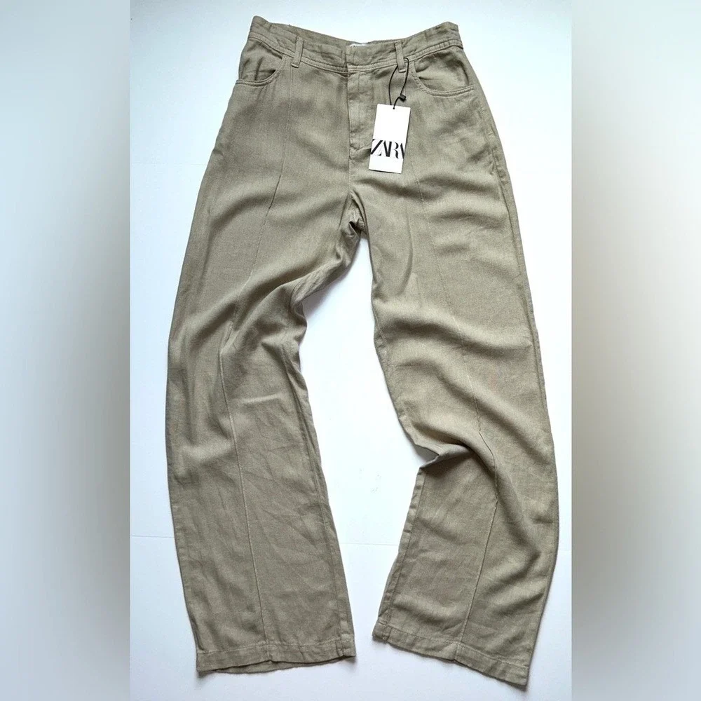 NWT Zara Woman's Linen Blend Wide‎ Straight Tailored Leg Pants Small